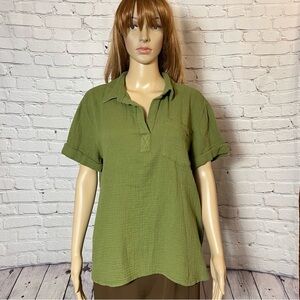 NWT New Lola River Brushed Gauze Cotton V-Neck Collared Olive Top Size M